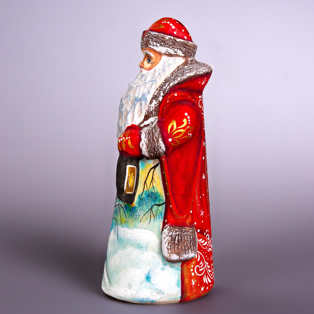 Hand carved Santa wooden figurine 7 inch with lantern, rabbits scene, mantel decor