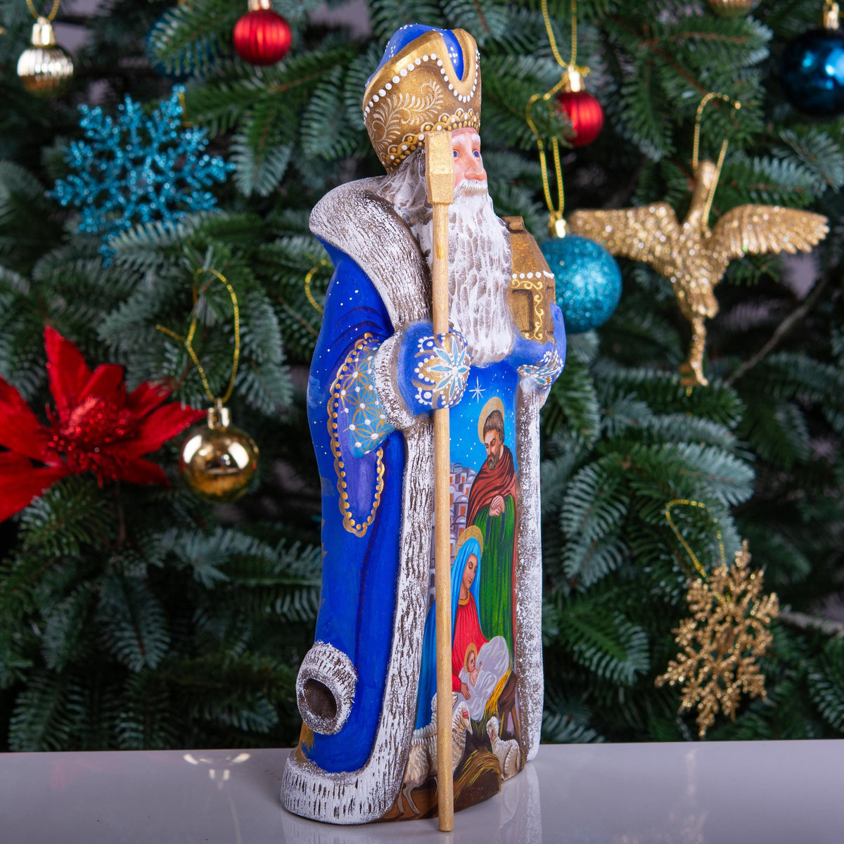 St Nicholas Figurine 12", Holy Family, Gold Staff, Christian Decor