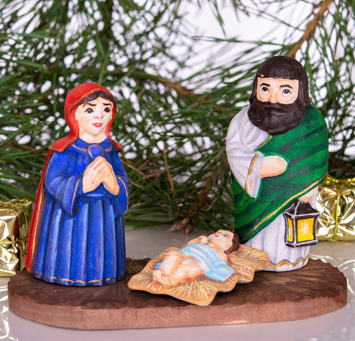 Hand Carved Wooden Nativity Set 4", Holy Family on Board