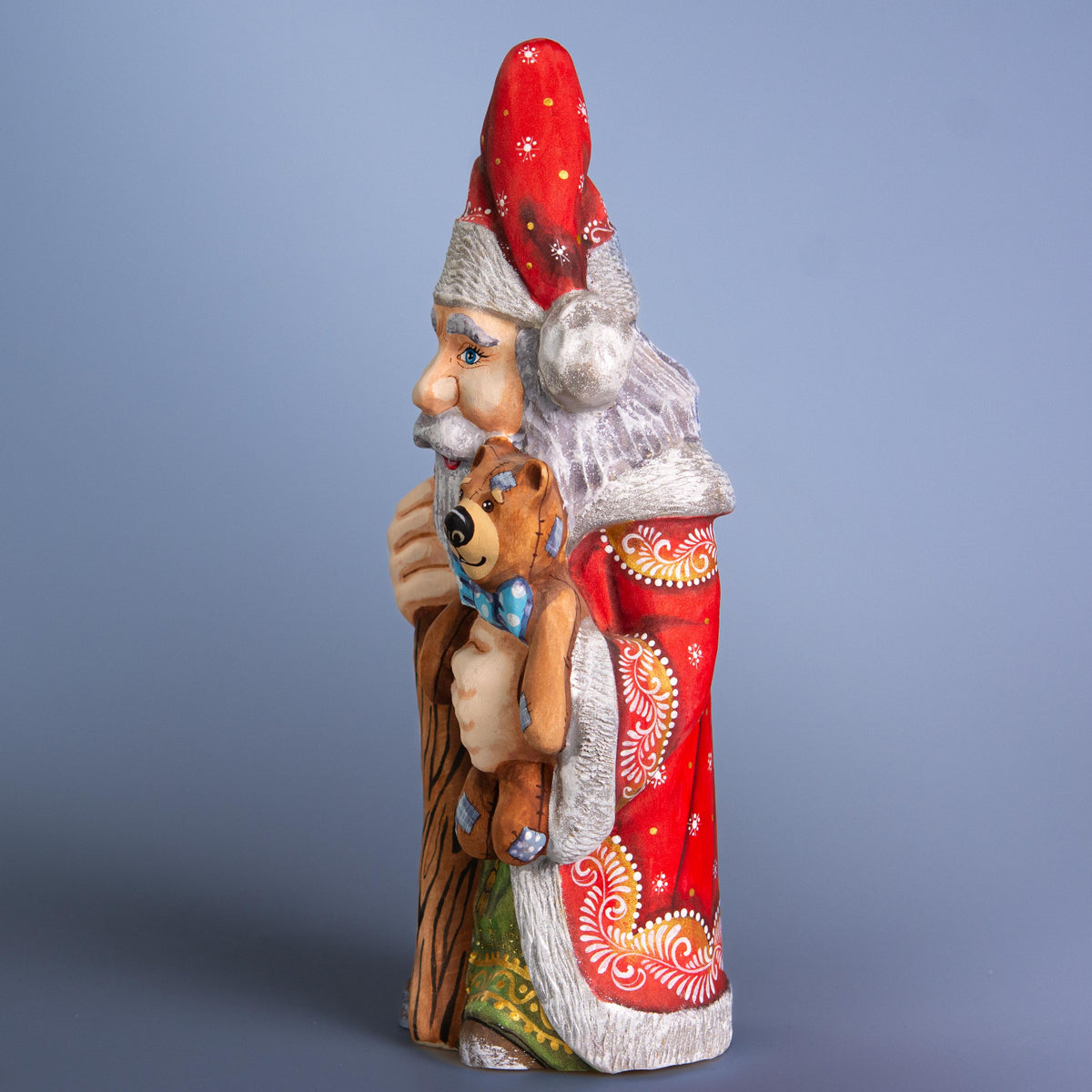 Hand carved wooden Santa figurine 10 inch, teddy bear gift, holiday mantel display