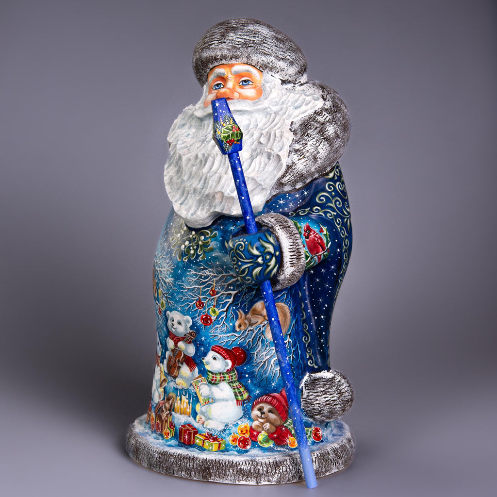 Collectible 14" Wooden Santa Figurine, Blue Coat & Woodland Animals – Holiday Decor