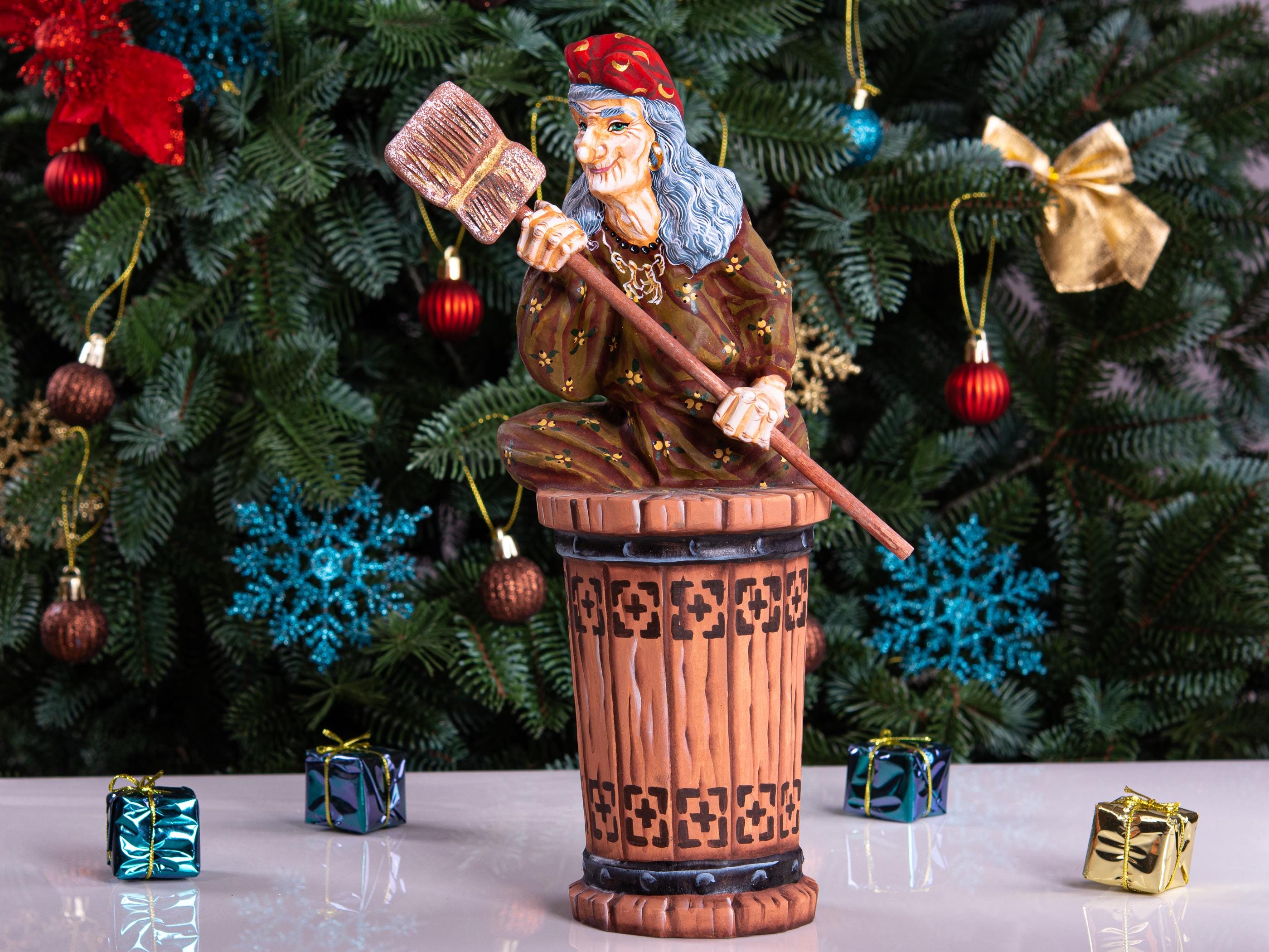 Hand carved Baba Yaga wood statue 11 inch, Slavic witch in mortar, shelf display