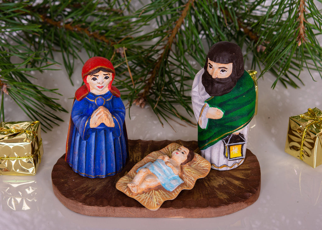 Hand Carved Wooden Nativity Set 4", Holy Family on Board