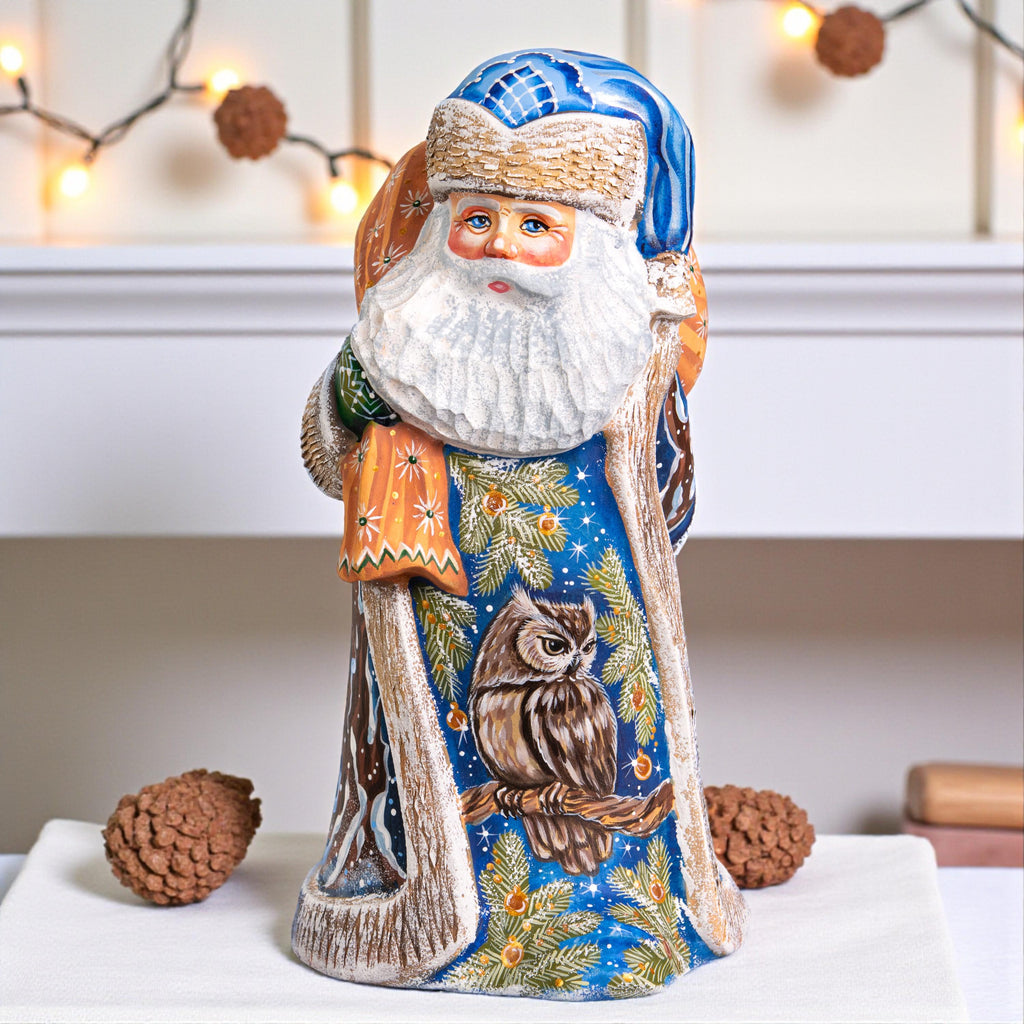 Hand Carved Wood Santa Figurine: Owl & Snowy Village, Signed