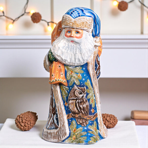 Hand Carved Wood Santa Figurine: Owl & Snowy Village, Signed