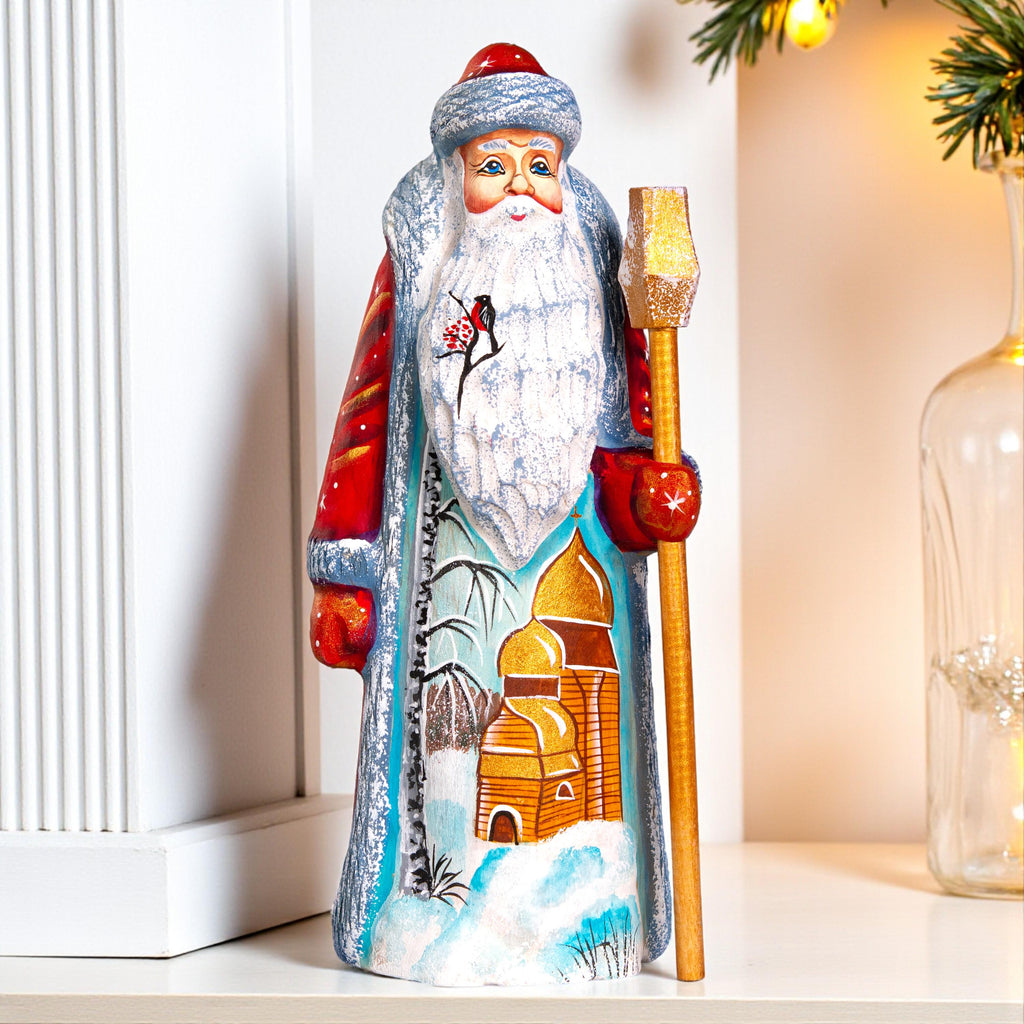 Old-World Santa wooden figurine 7.5 inch, winter church scene, mantel display gift