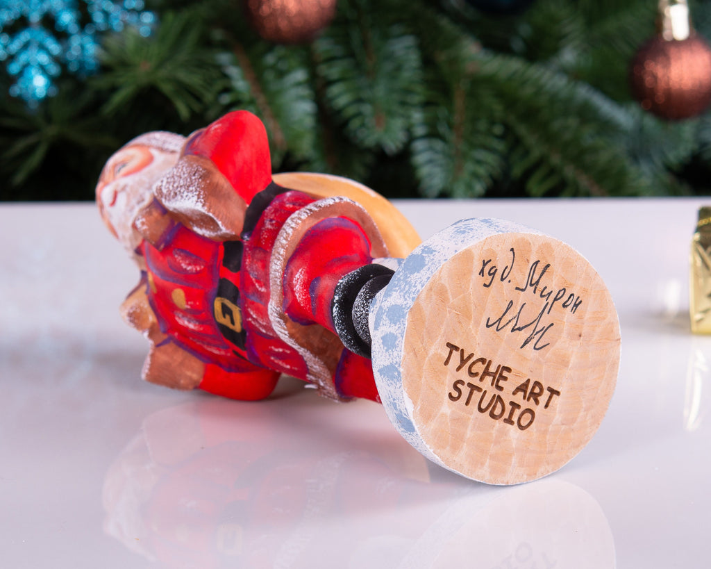 Kris Kringle Santa figurine 7 inch, carved wood, toy bag, holiday home decor