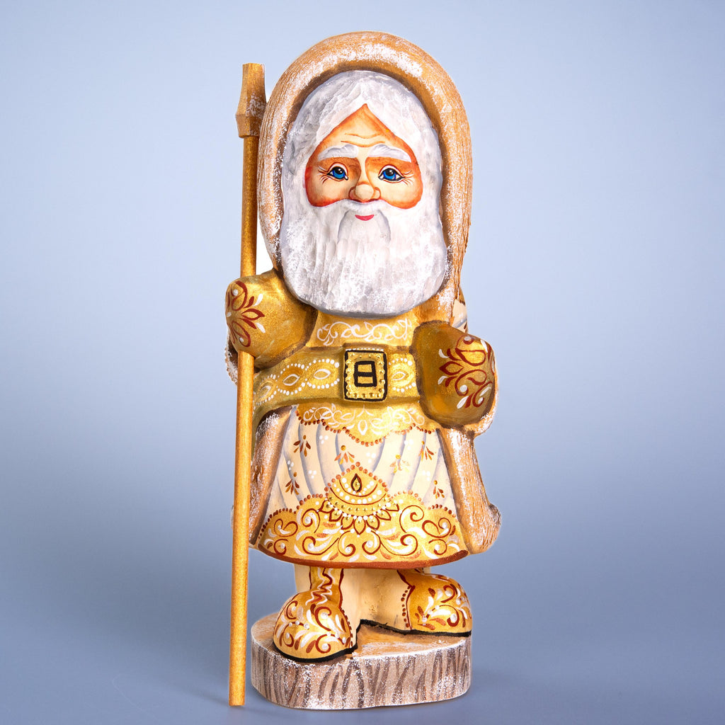 Russian Santa wooden figurine 11 inch, ivory coat, hand painted folk art collectible