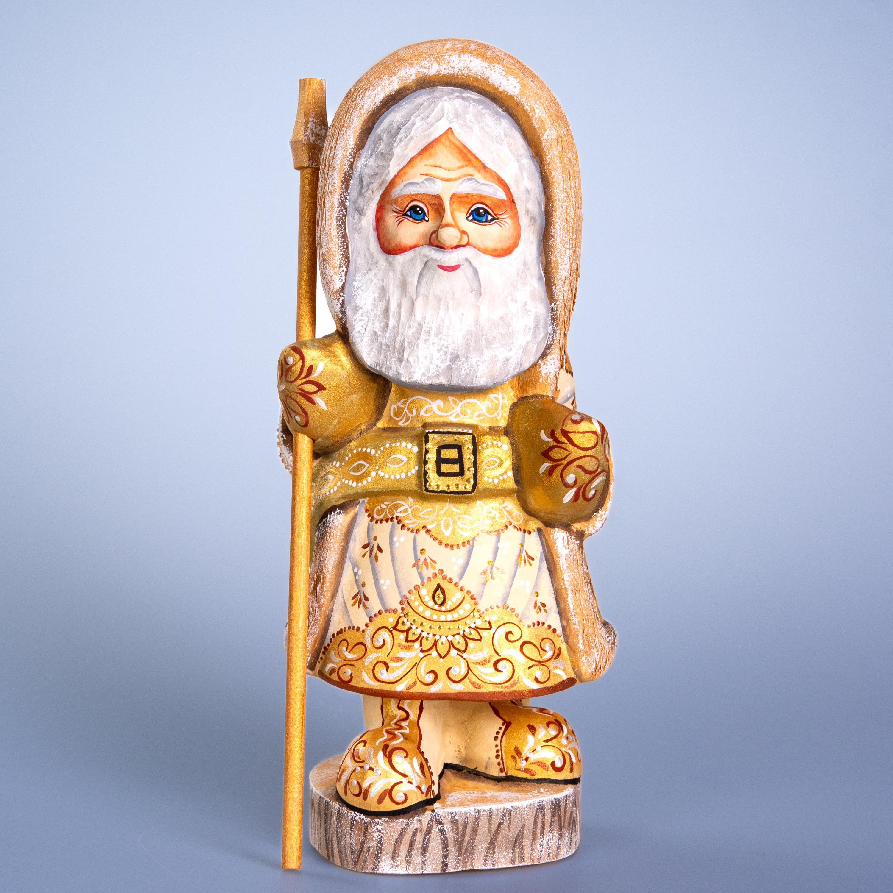 Russian Santa wooden figurine 11 inch, ivory coat, hand painted folk art collectible