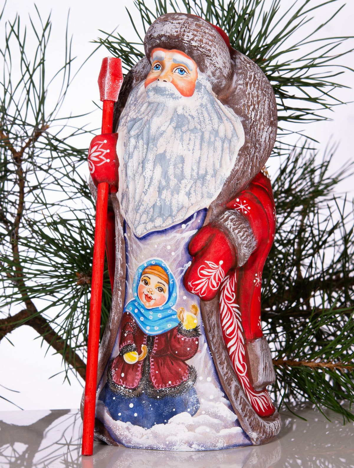 Hand carved Russian Santa figurine 9.5 inch, winter girl scene, Christmas mantel centerpiece
