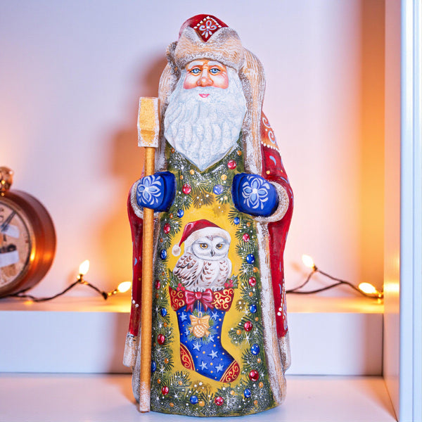 Hand Carved Santa Claus Statue: Owl in Stocking, Rustic Christmas Decor
