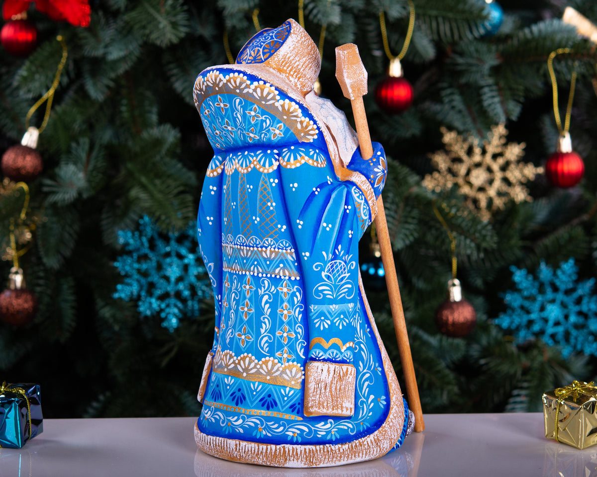 Hand carved blue Santa wooden figurine 9 inch, toy sack, mantel decor