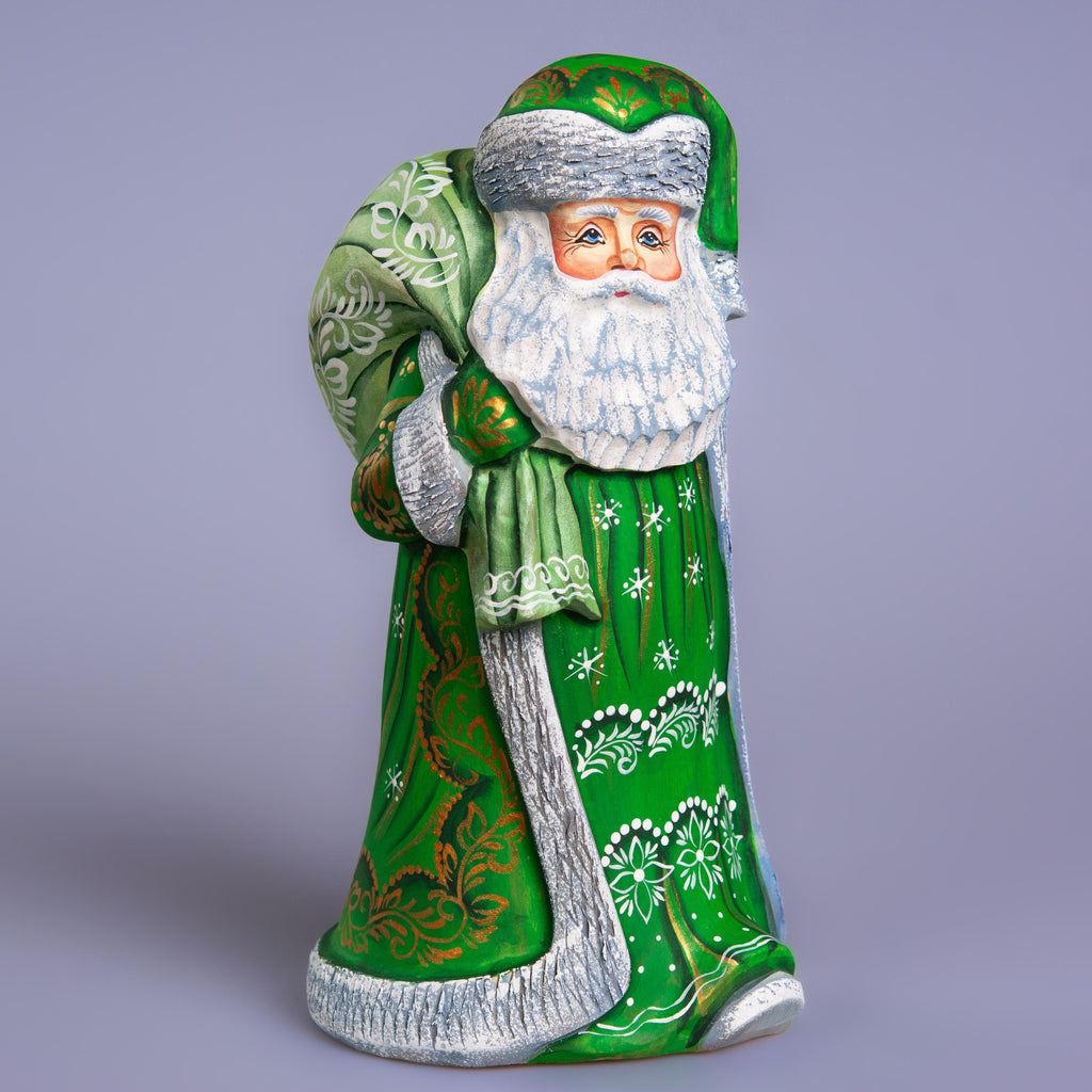 Hand carved wooden Santa figurine 9.1 inch, green coat, gift sack, holiday shelf decor