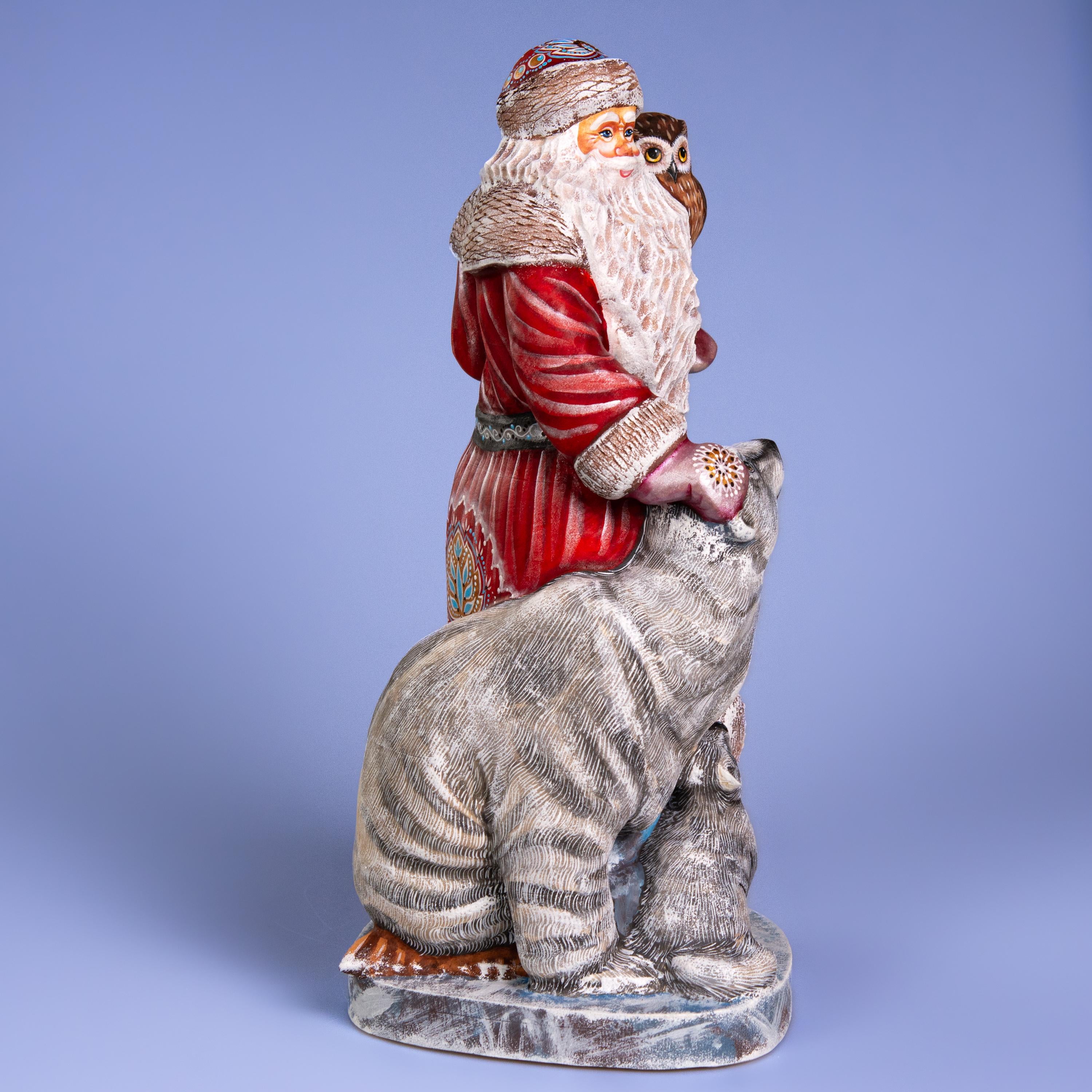 Hand Carved Wooden Santa Figurine 13.8 inch, Arctic Animals, Polar Bear, Walrus, Owl