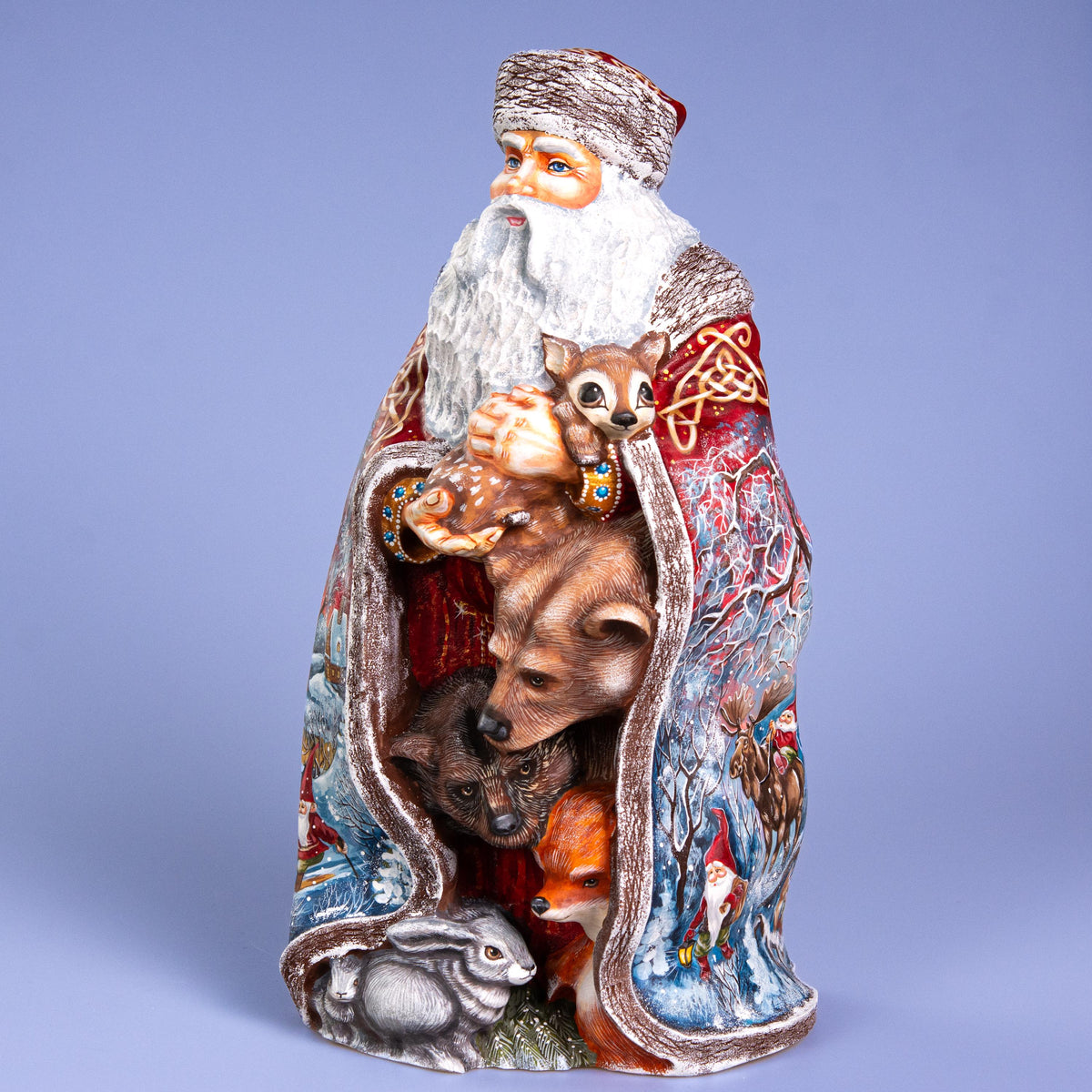 Santa with Woodland Animals 14 inch, Hand Carved Solid Wood Figurine, Artist Painted