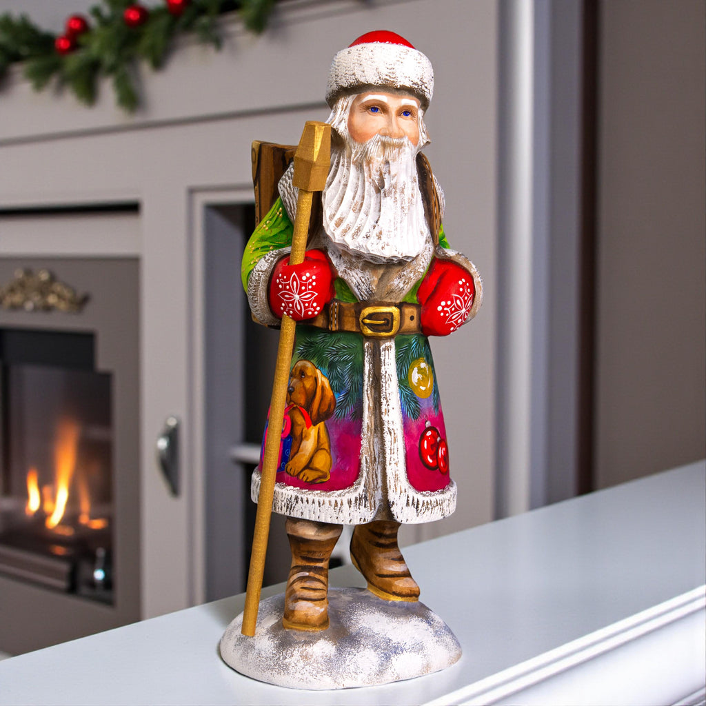Santa with Puppy Figurine 11", Hand Carved Wood, Christmas Mantel Decor