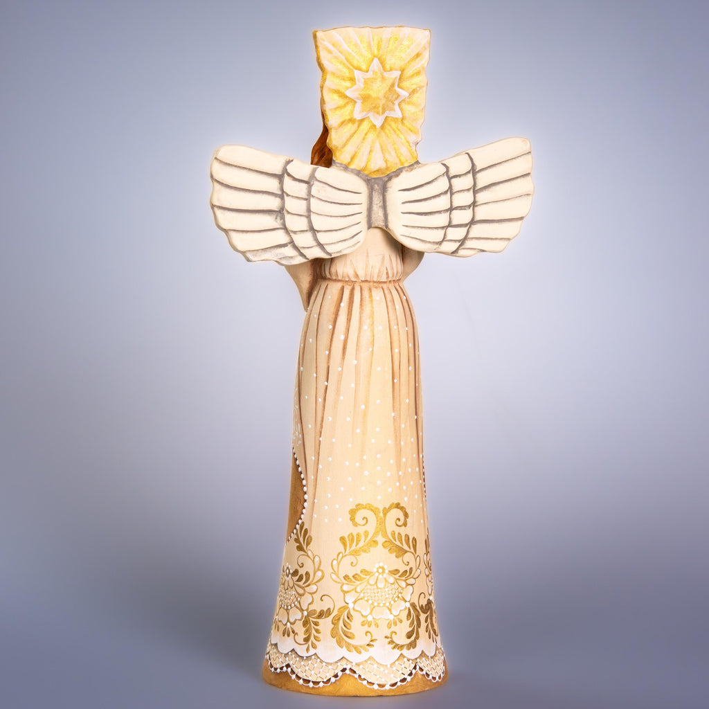 Angel Nativity wooden figurine 13 inch, Holy Family creche, mantel decor