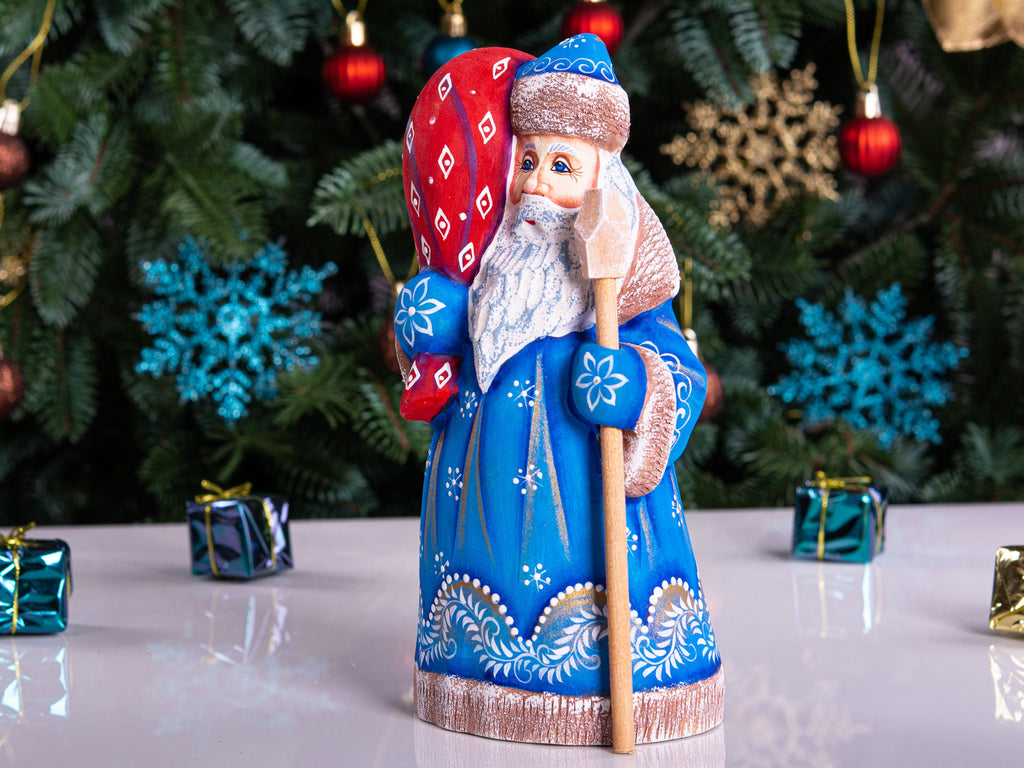 Santa figurine with staff, hand painted carved wood, shelf decor, 8.3 inch