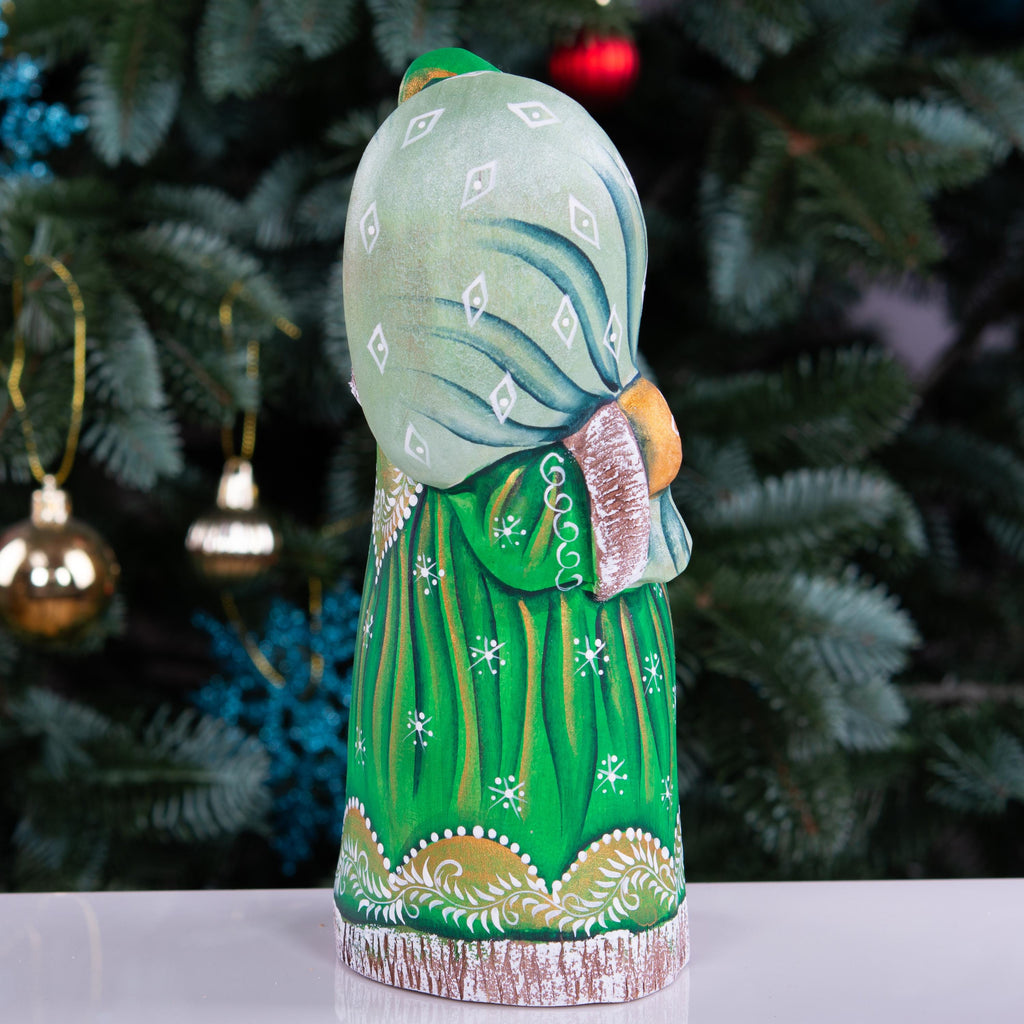 Hand carved Santa wooden figurine 8.3 inch, staff and sack