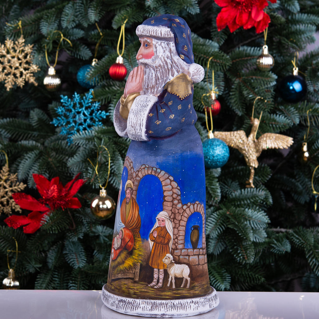 Praying Santa nativity wood figurine 14 inch, Holy Family scene, religious Christmas centerpiece