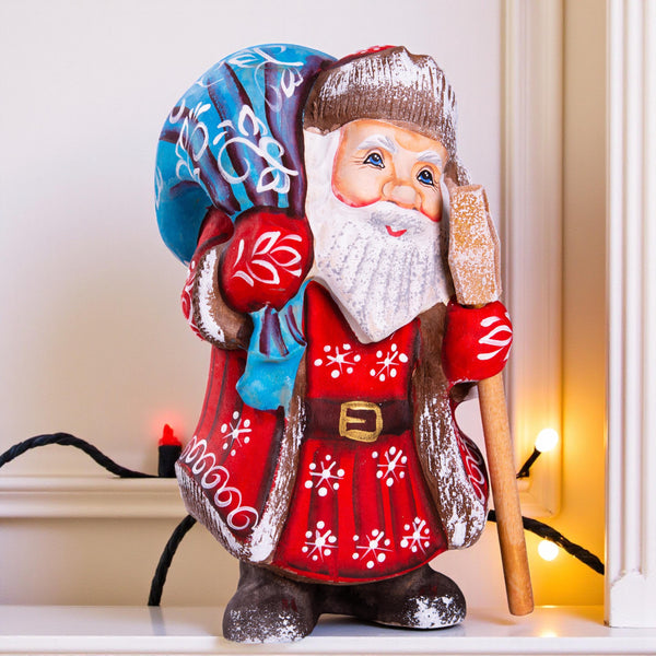 Mini Santa wooden figurine 5.7 inch, gift sack shelf decor