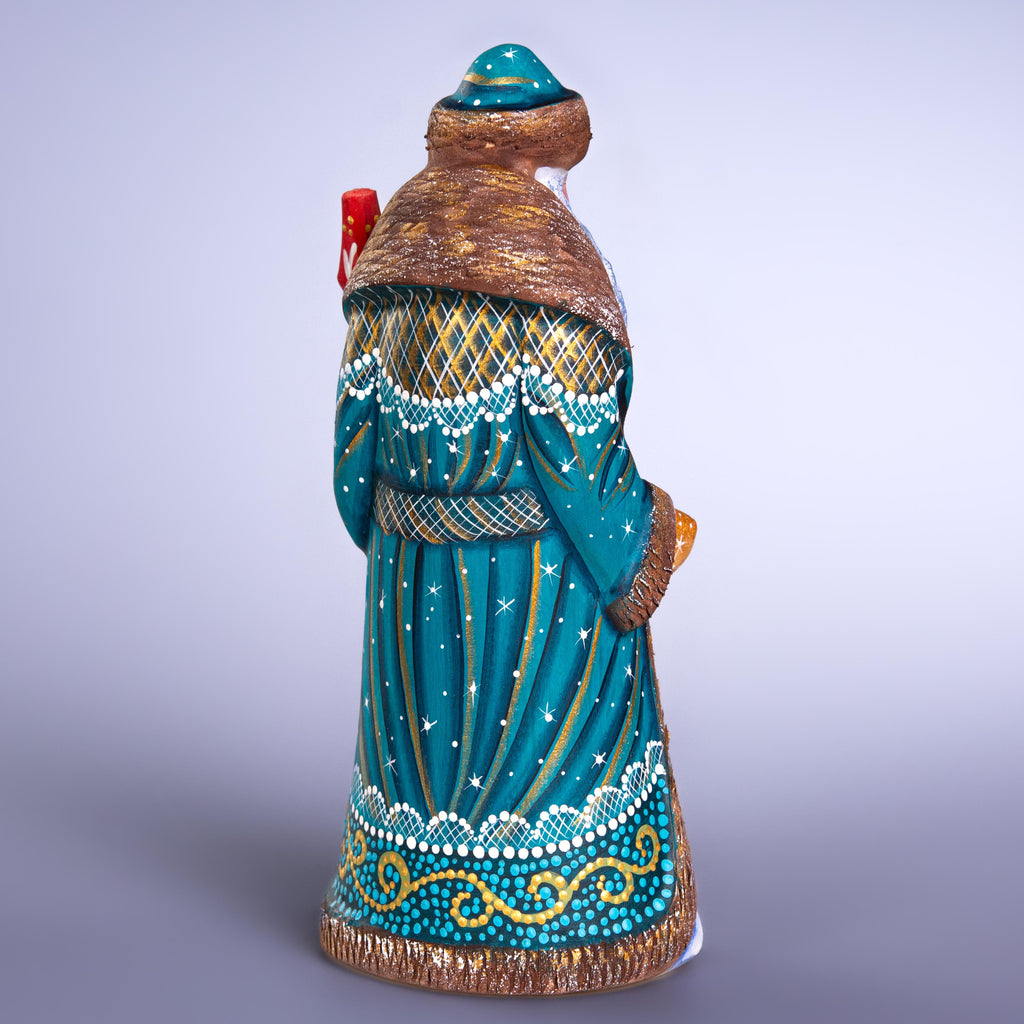 Hand Carved Santa Claus Figurine: Blue & Gold Winter Village Scene