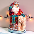Collectible Wooden Santa Figurine 9" with Polar Bear, Mantel Décor