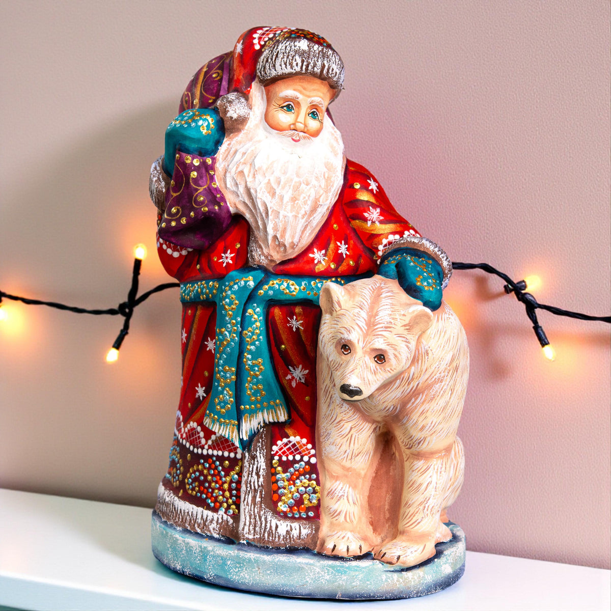 Collectible Wooden Santa Figurine 9" with Polar Bear, Mantel Décor