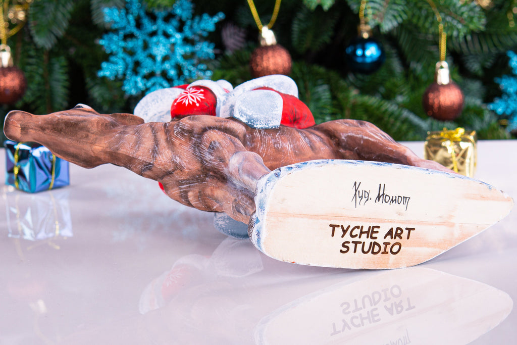Hand carved wooden Santa riding reindeer figurine 8 inch, Nordic folk art centerpiece