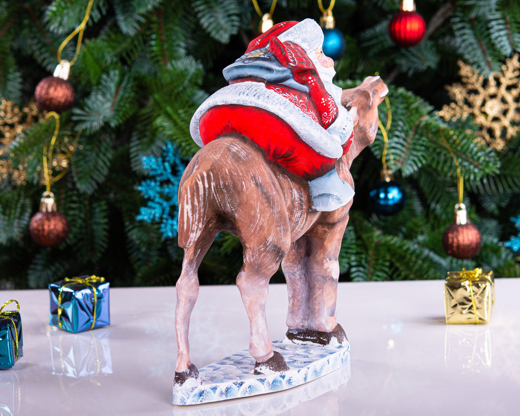 Hand carved wooden Santa riding reindeer figurine 8 inch, Nordic folk art centerpiece