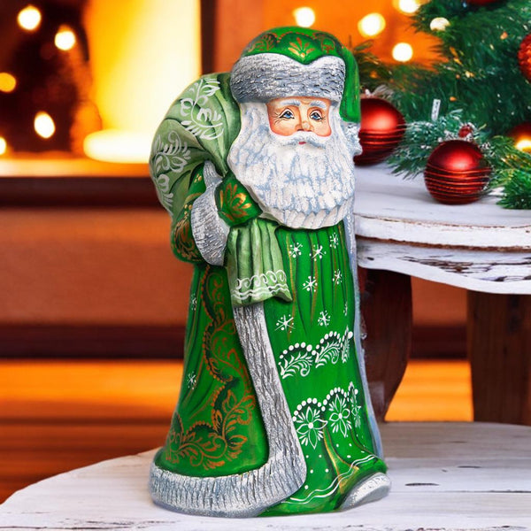 Hand carved wooden Santa figurine 9.1 inch, green coat, gift sack, holiday shelf decor