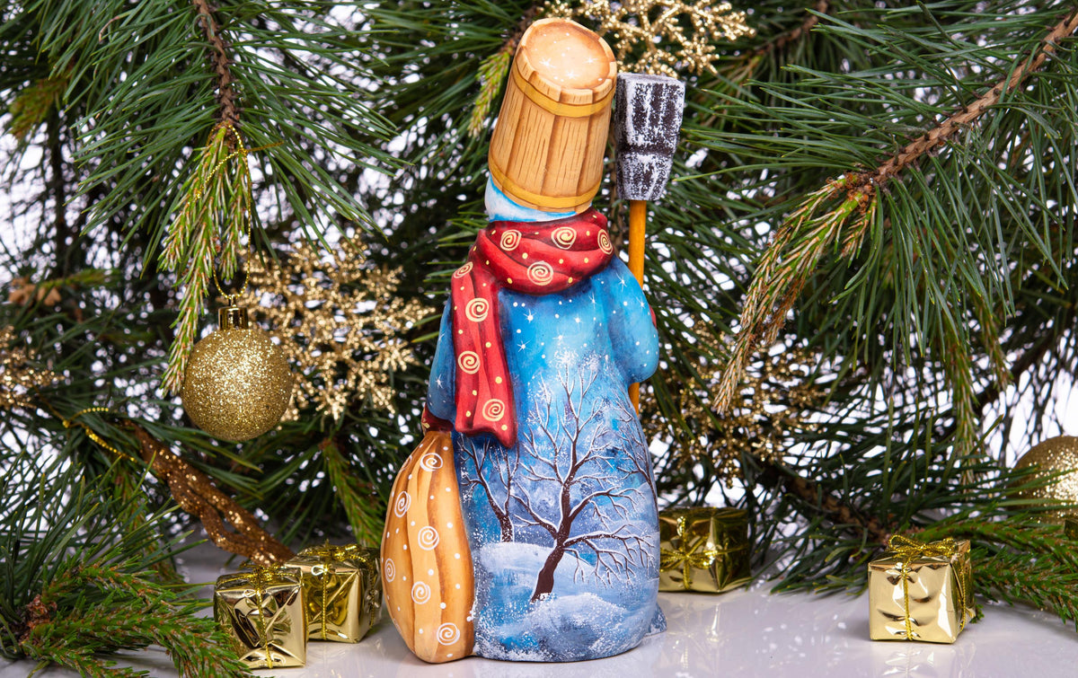Snowman wooden figurine 8 inch, broom and sack, tabletop accent