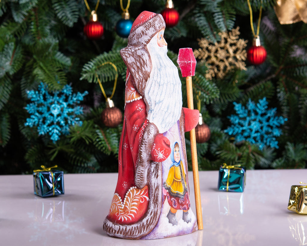 Hand carved Russian Santa figurine 8.7 inch, winter girl scene, Christmas mantel decor