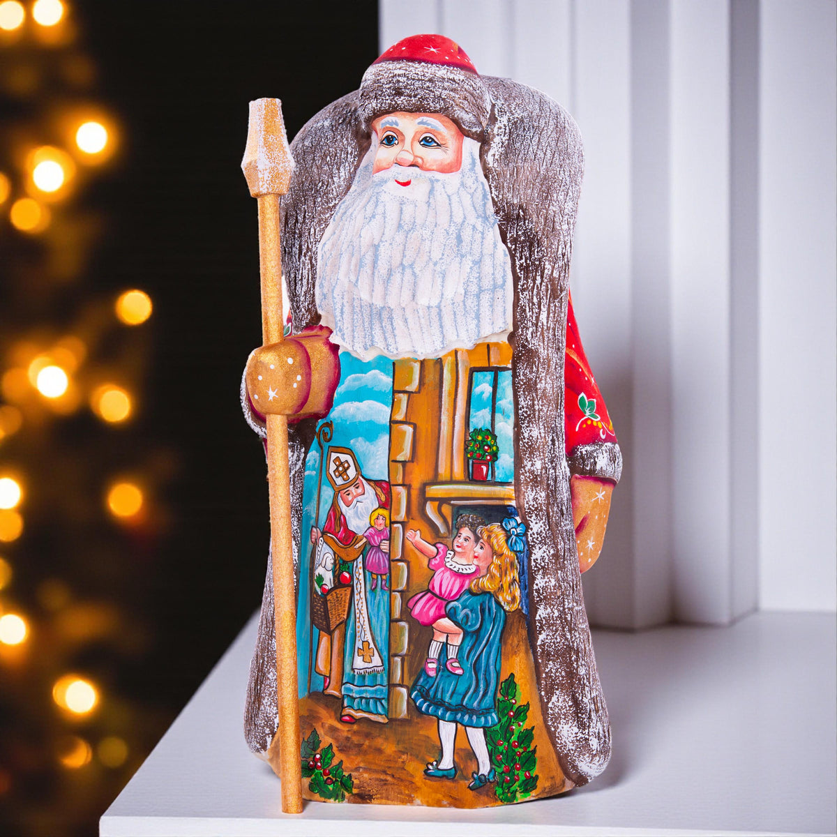 Collectible Santa figurine, folk art children and toys scene, 9.4 inch