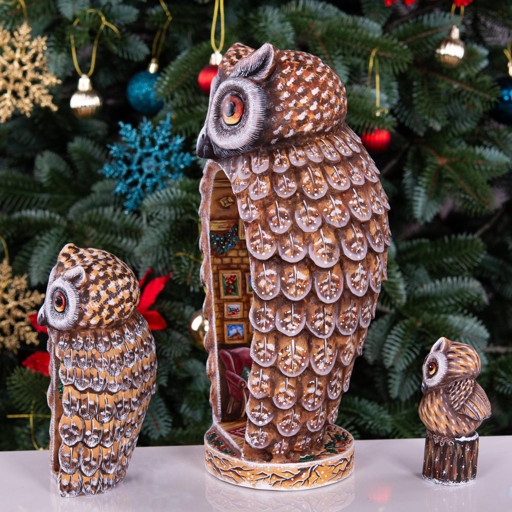 Hand Carved Christmas Owl Figurines: Wooden Nesting Set with Hand-Painted Fireplace Interiors