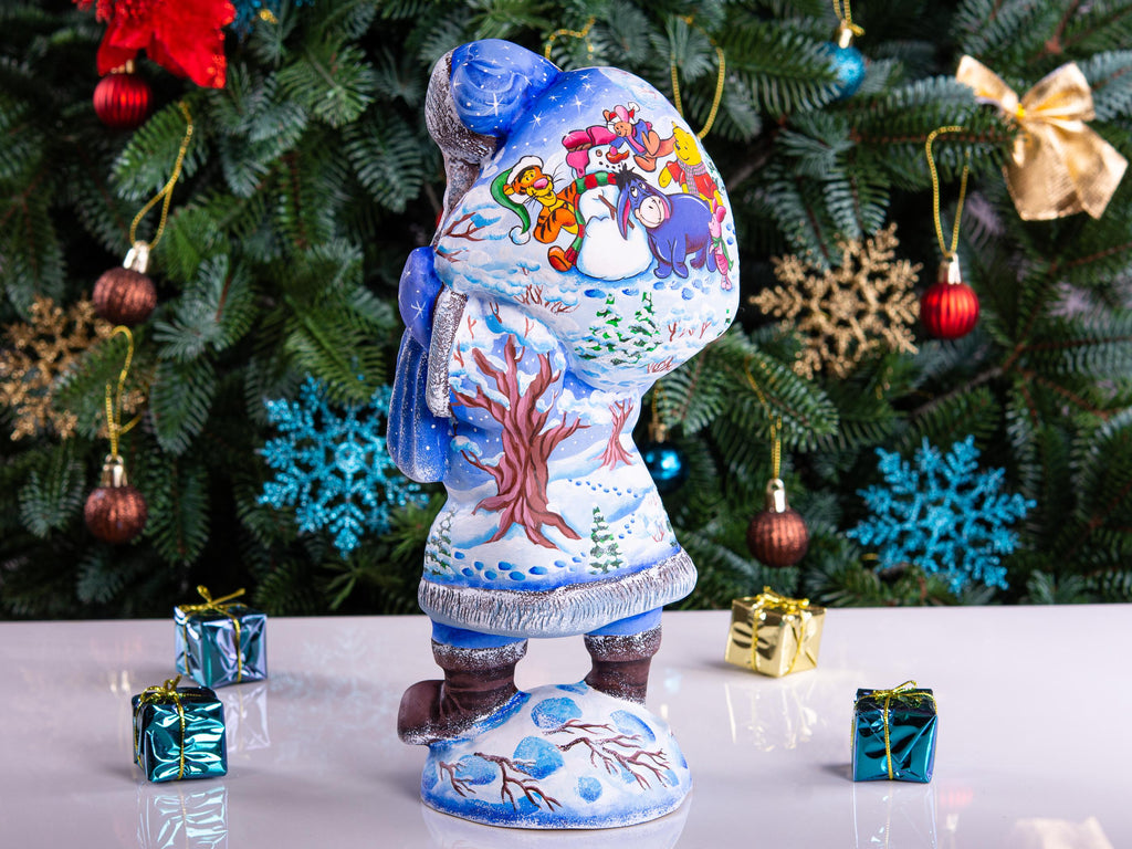 Hand carved Old-World Santa wooden figurine 11 inch, Winnie-the-Pooh scene, mantel decor