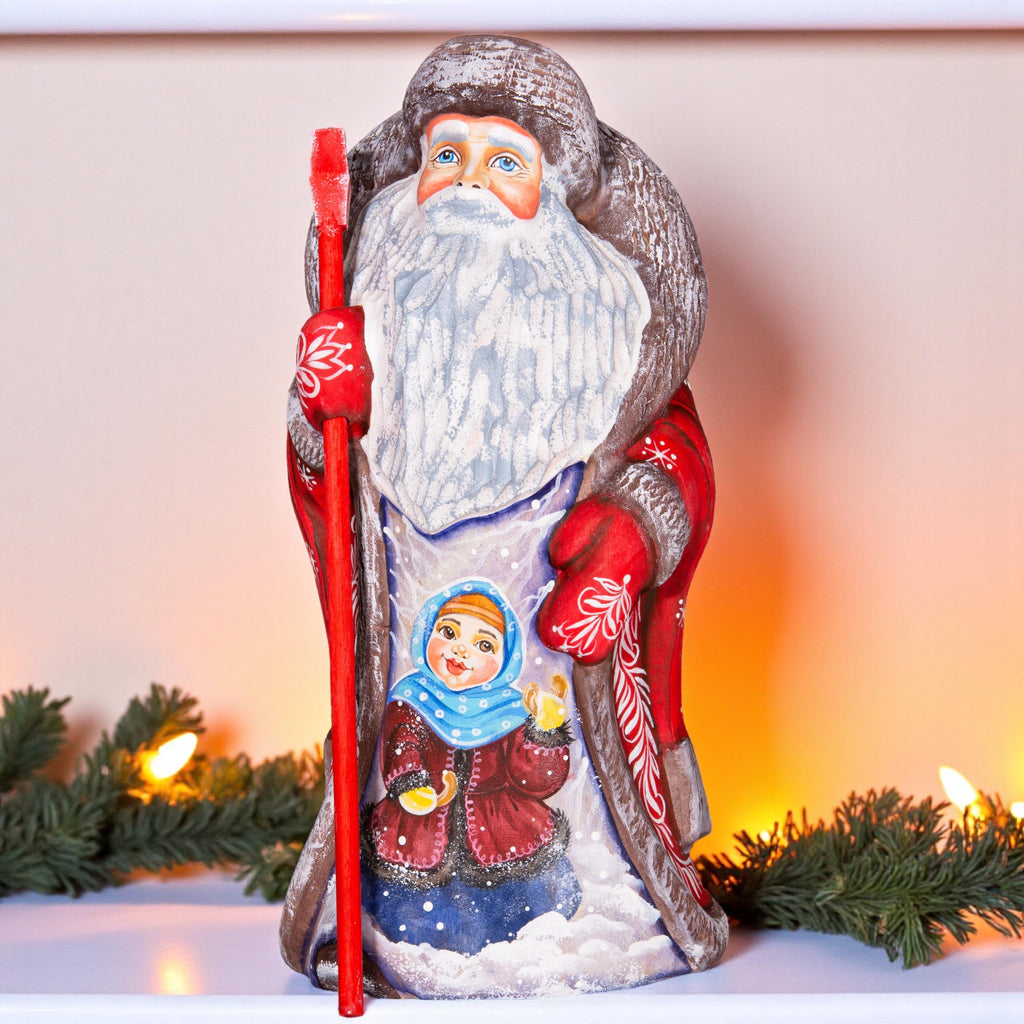 Hand carved Russian Santa figurine 9.5 inch, winter girl scene, Christmas mantel centerpiece