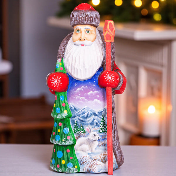 Woodland Santa wooden figurine 8 inch, snowy mountains and bunny, holiday shelf display