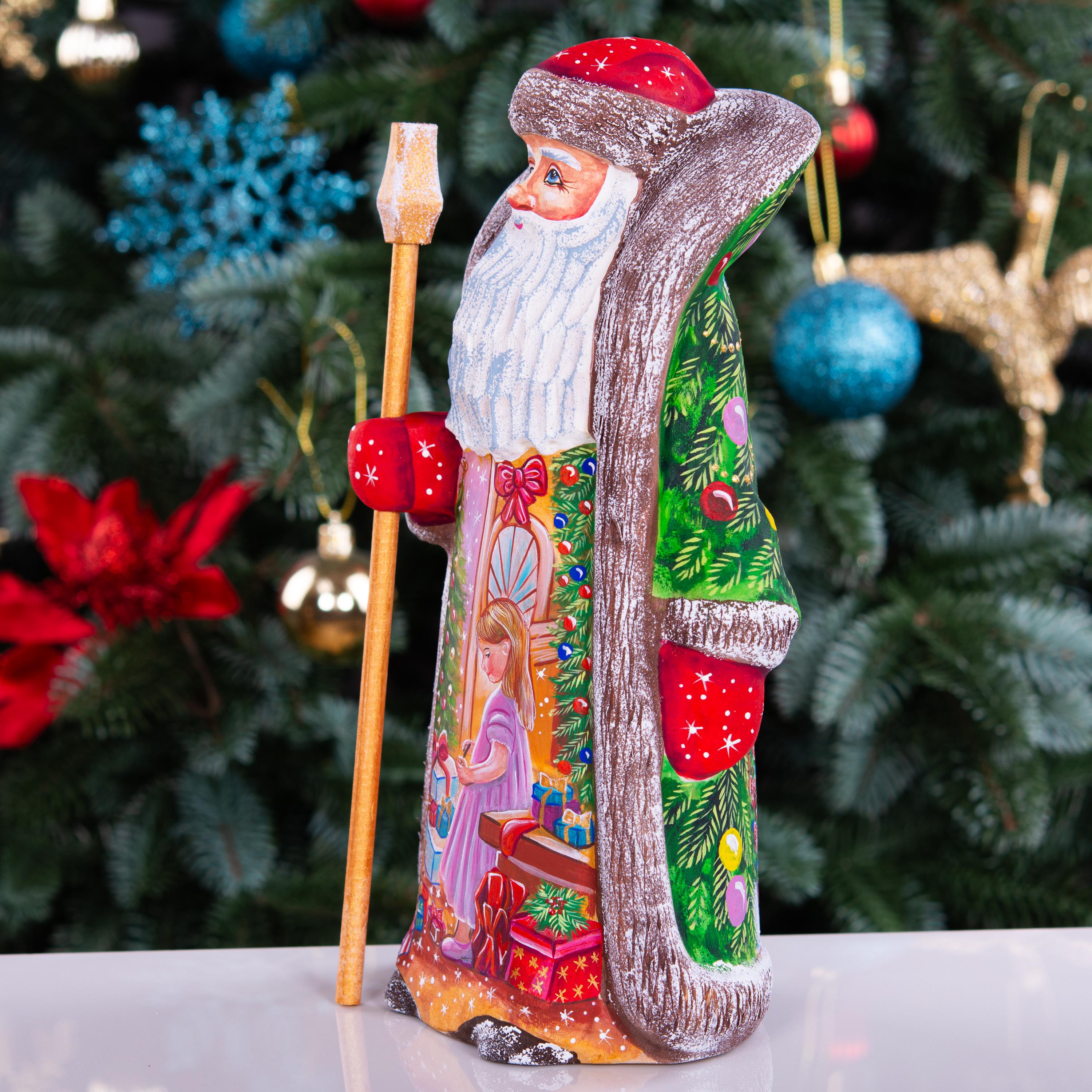 Hand Carved Santa Figurine 9 inch: Christmas Girl Scene, Festive Door Art