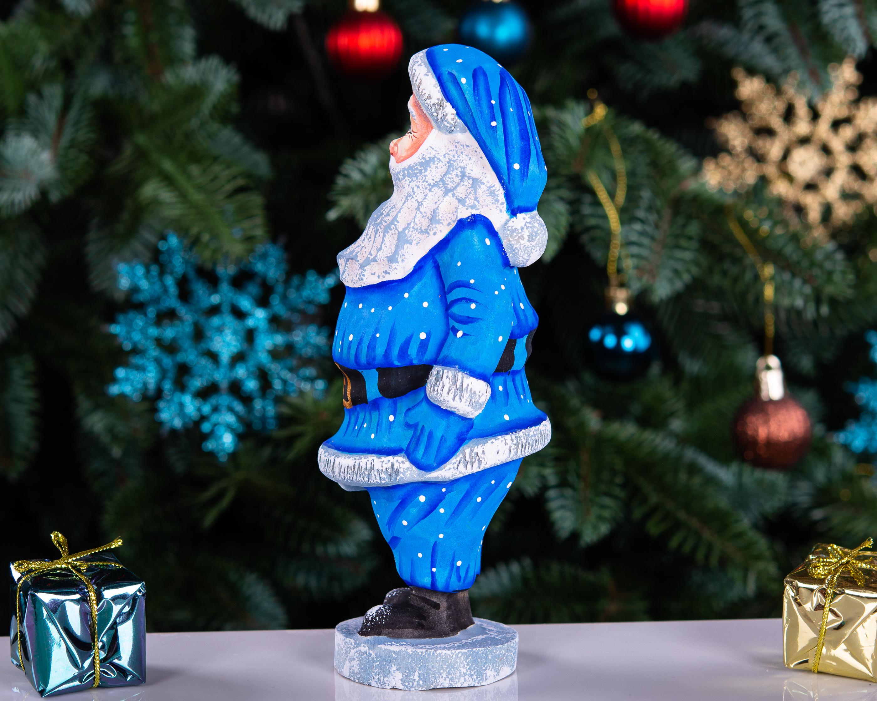 Father Frost, Hand‑Carved Wood, Frosty Trim Blue Suit, 6.7″