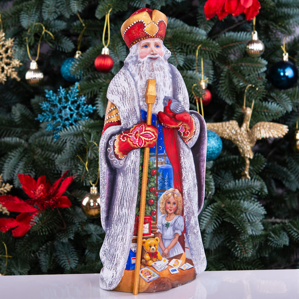 St Nicholas Figurine 13 inch, Hand Carved Wood, Miter Hat, Child Letter Scene