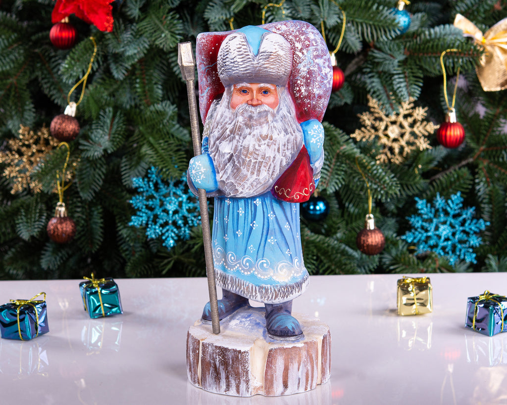 Hand carved Santa wooden statue 11 inch, Christmas scene on sack