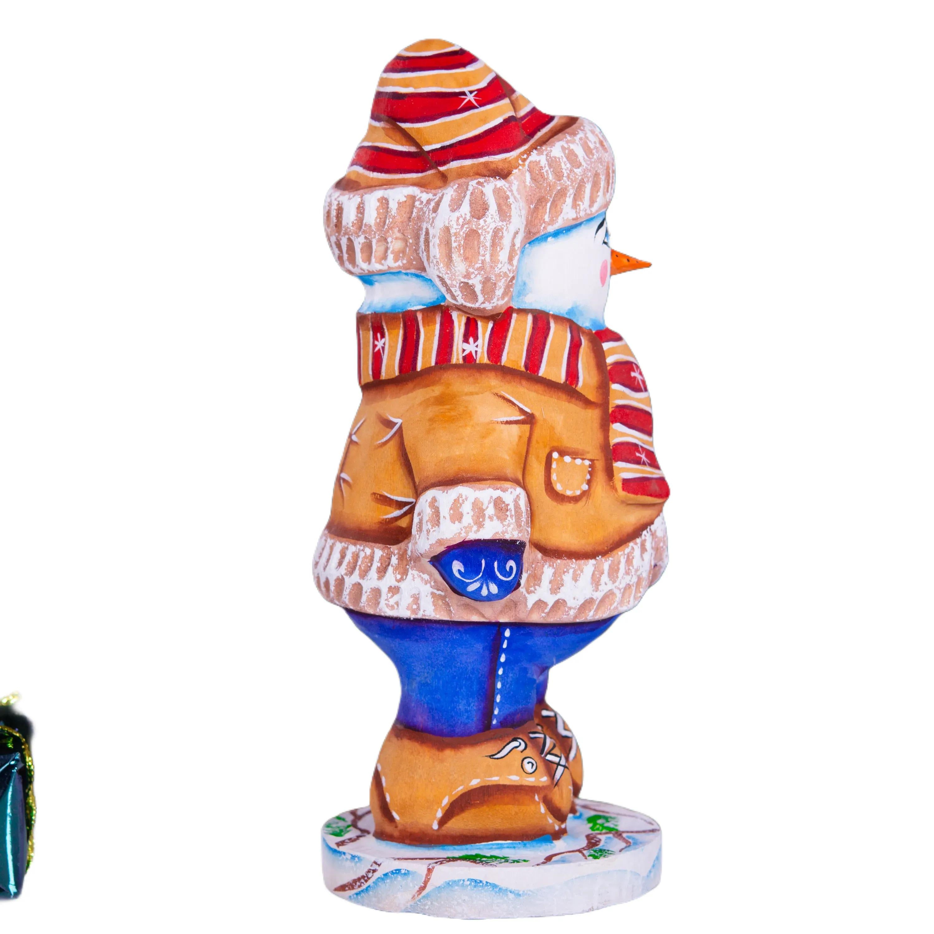 Hand-Carved Wooden Snowman Figurine: Christmas Holiday Decor (6 inch)