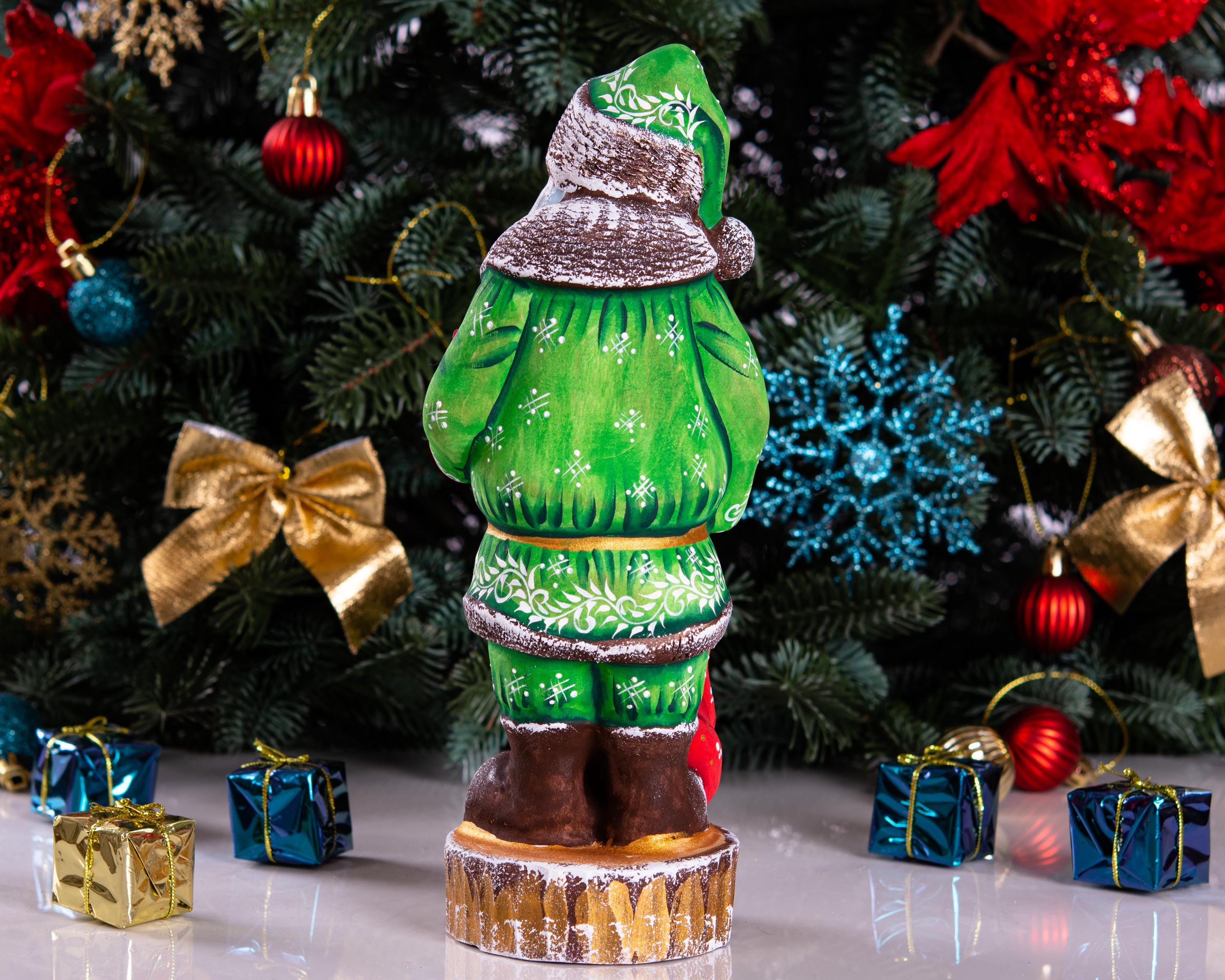 Collectible Santa figurine with snowman, folk art mantel decor, 10.2 inch