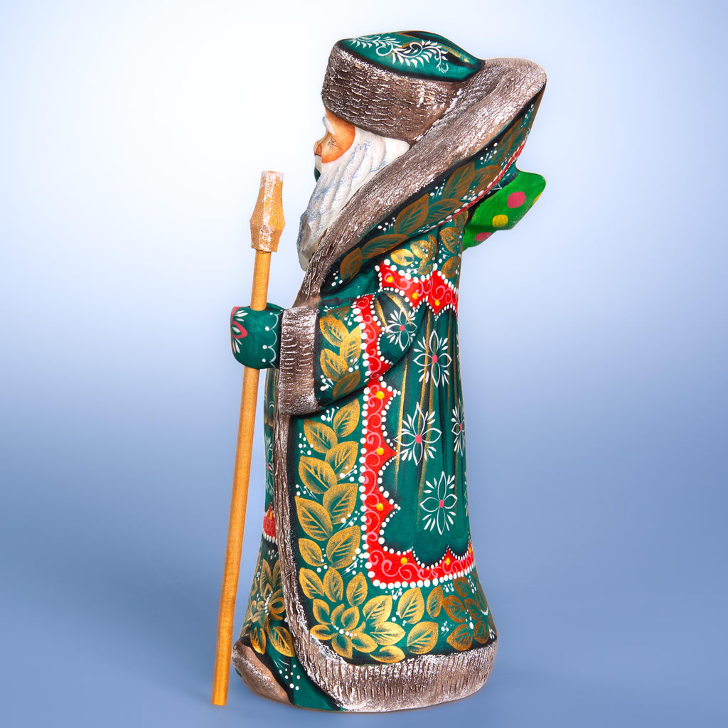 Old World Santa figurine 10.2 inch, carved wood, emerald coat, holiday shelf decor