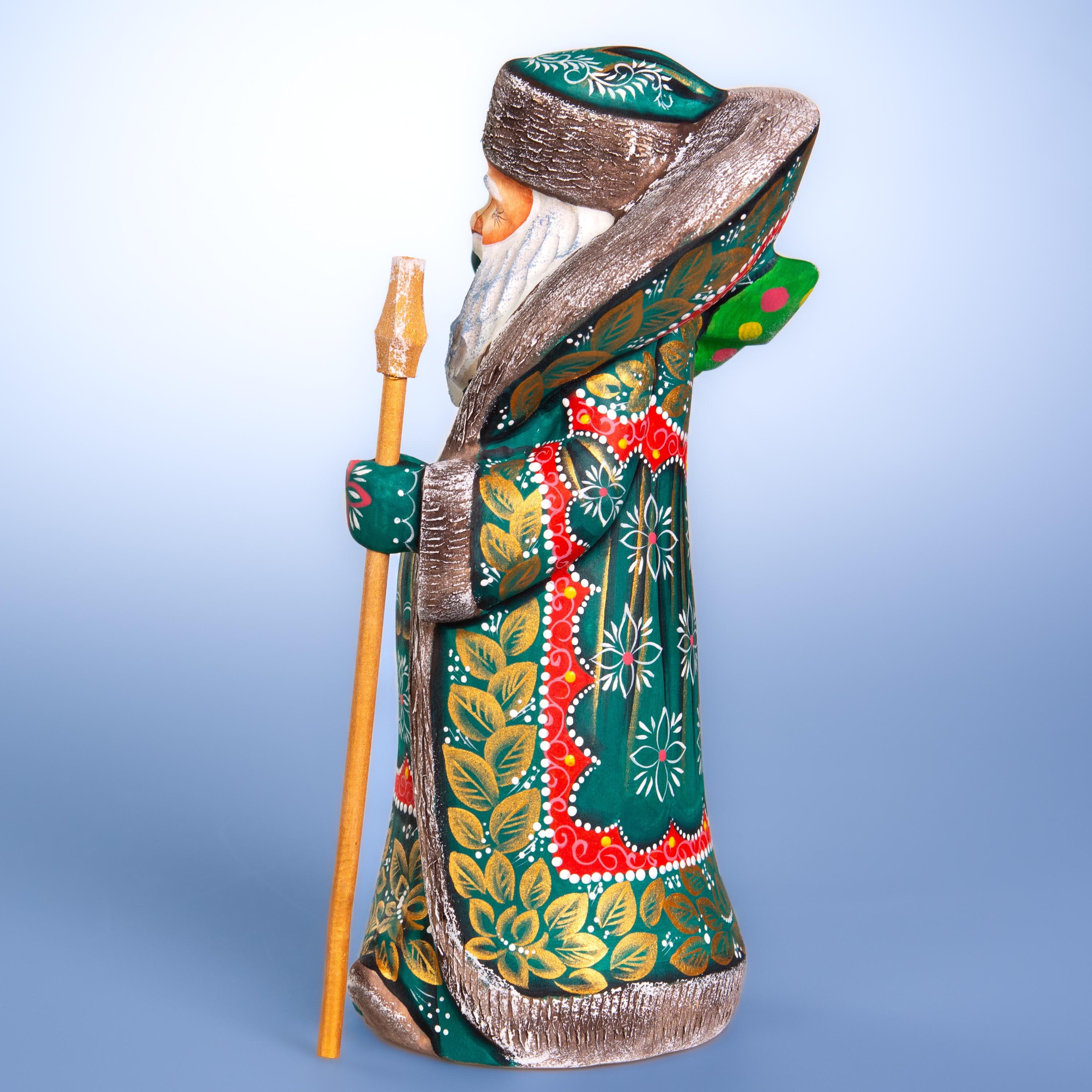 Old World Santa figurine 10.2 inch, carved wood, emerald coat, holiday shelf decor
