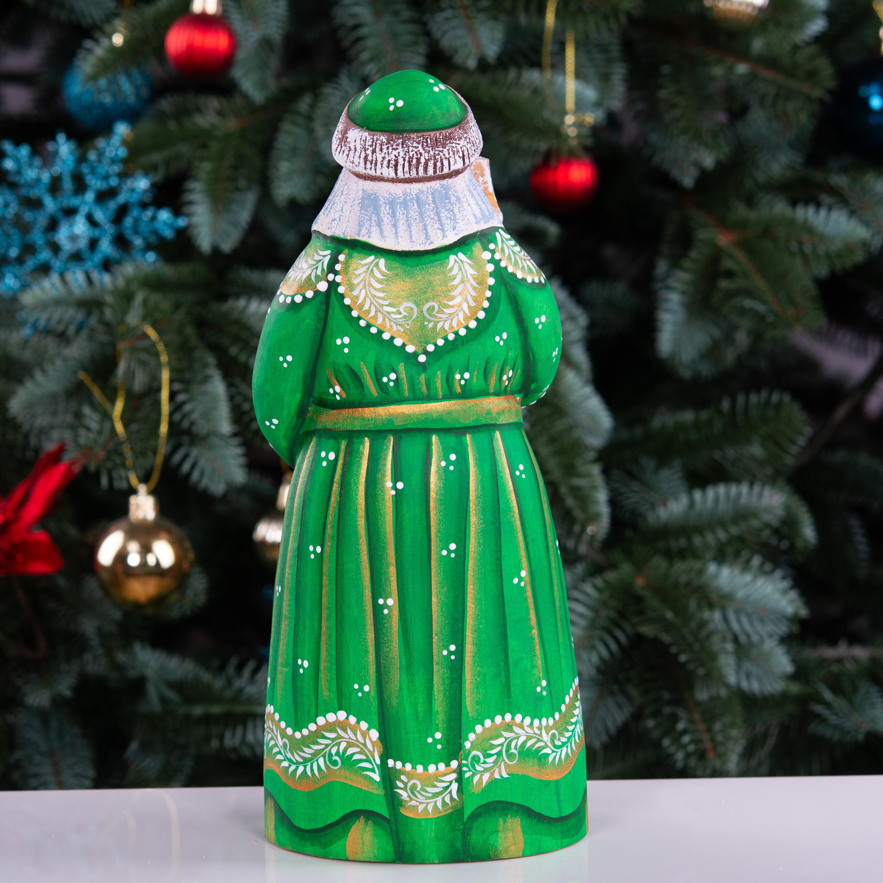 Hand carved Santa wooden figurine 8.7 inch, holding dog, green coat