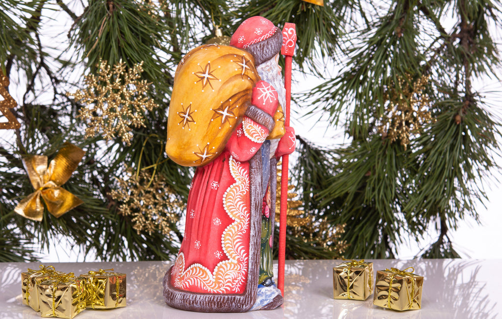Hand carved Santa Claus wood figure 10 inch, gift sack, rustic holiday shelf display