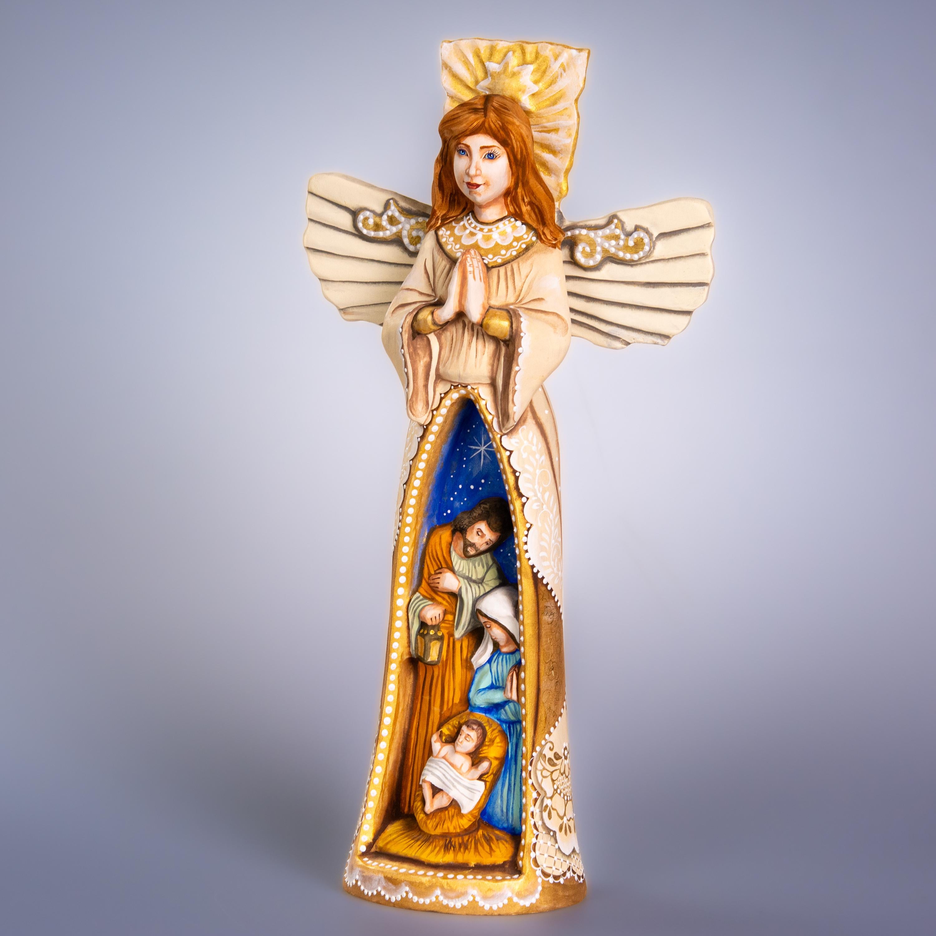 Angel Nativity wooden figurine 13 inch, Holy Family creche, mantel decor