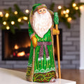 Hand carved green Santa wooden figurine 8.7 inch, Christmas mantel display decor